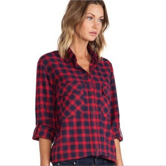 Sanctuary Navy Plaid Long Sleeve Snap Down Shirt Top Blouse Small - Picture 16 of 16